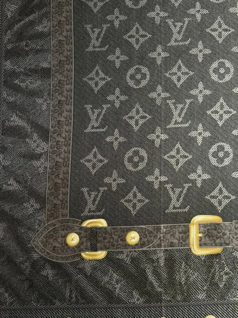 Display #2 Louis Vuitton Monogram Silk Twill Square Scarf Black Gray Gold